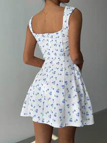 Aloruh Vestido mini elegante de mujer con cuello cuadrado sin mangas y estampado de cerezas, para verano - Celeste - Ver 2