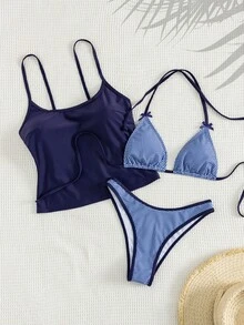 Swim Mod 女士春夏沙滩音乐节格子蝴蝶结吊带可爱休闲度假三件套 - 彩色 - 查看 5