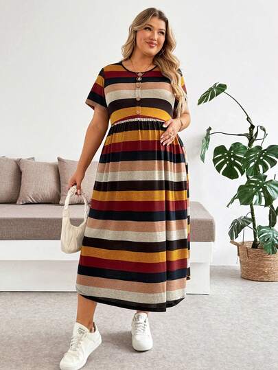 SHEIN Plus Size Maternity Clothes Maternity  Dress Summer Pregnant Clothes Brown Striped Dress, Comfortable And Casual Maternity Casual Striped Dress For Summer