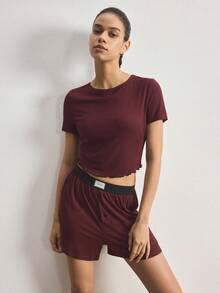 Ocili Top de mujer de cuello redondo raglan minimalista, cómodo y suave para estar en casa - Burdeos - Ver 6