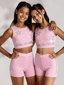 2pcs/Set Tween Girls' Round Neck Cropped Tank Top With Rhinestone Decor On Front, And Elastic Waist Rhinestone Decorated Sports Shorts, Stretchy And Soft For Running, Cycling, Workout, Casual Wear - Pink - View 1