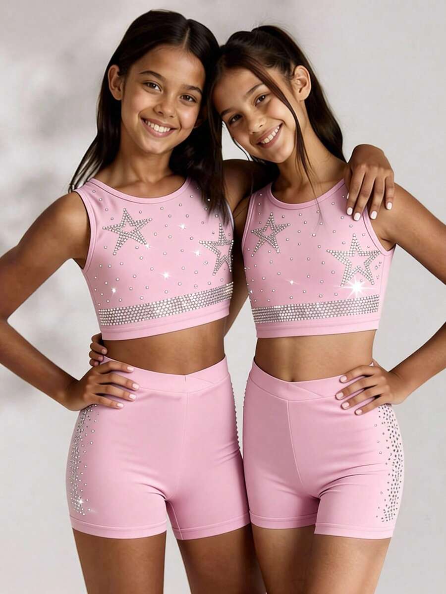2pcs/Set Tween Girls' Round Neck Cropped Tank Top With Rhinestone Decor On Front, And Elastic Waist Rhinestone Decorated Sports Shorts, Stretchy And Soft For Running, Cycling, Workout, Casual Wear - Pink - View 1