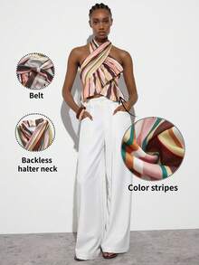 Top corto con cuello halter, cruzado y volantes en el bajo, a rayas, para la playa MAIJA - Multicolor - Ver 2