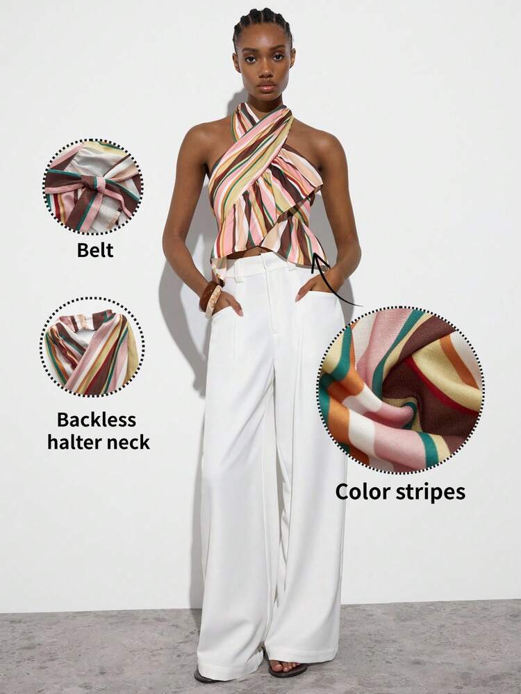 SHEIN Maija MAIJA Beach Striped Halter Crossover Ruffle Hem Crop Top,Summer Top