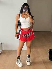Coolane Women's Plus Size Summer Red And White Sport Shorts,Breathable Mesh Graphics Gym Athleisure,Grunge Chic Streetwear Preppy Game Day Casual Shorts - Red - View 2