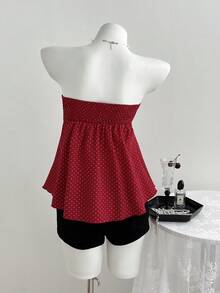 Elamini Áo hai dây dáng chữ A thắt eo in họa tiết chấm bi dành cho nữ, thích hợp cho mùa xuân/hè. - Màu Đỏ Sâu - Xem 2