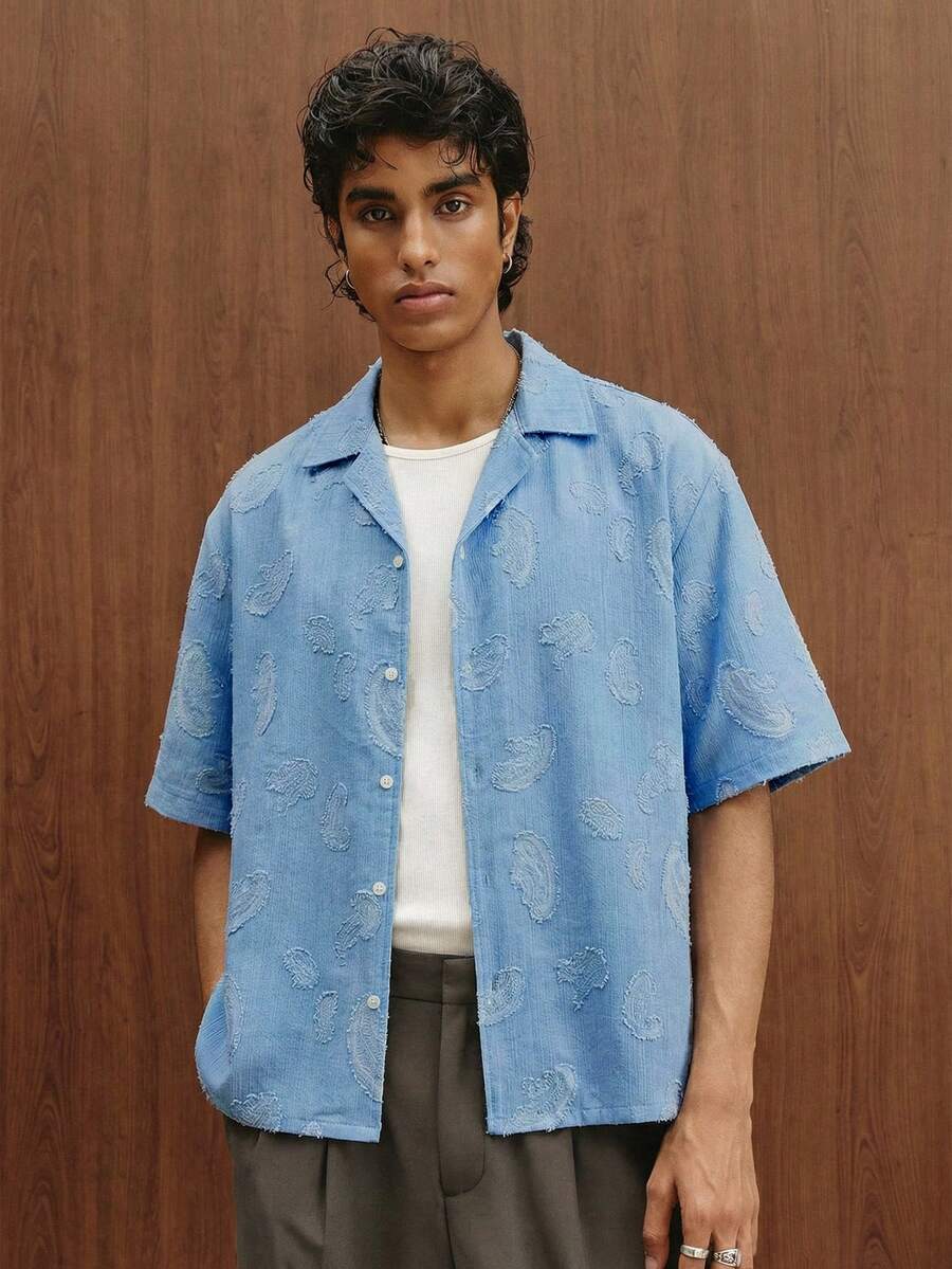 TOKVUE Men's Casual Textured Vacation Button-Up Loose Short Sleeve Shirt, Summer, Valentine's Day,Spring To Summer,Gift For My Boyfriend,Mardi Gras,Vintage,Streetwear,Party,St Patrick's Day,Going Out,Men's Jacquard Patterned Floral Cuban Collar Short Shirt - Dusty Blue - View 1