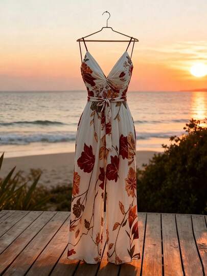GlowEve Summer New Fashion Floral Print Sexy Deep V-Neck Belted Bow Sleeveless Women's Jumpsuit, Wide Leg Pants, Casual Holiday Style, Women's Floral Jumpsuit, Suitable For Vacation, Outing, Commuting, Party, Women's Beach Outfit, Elegant Women's Jumpsuit