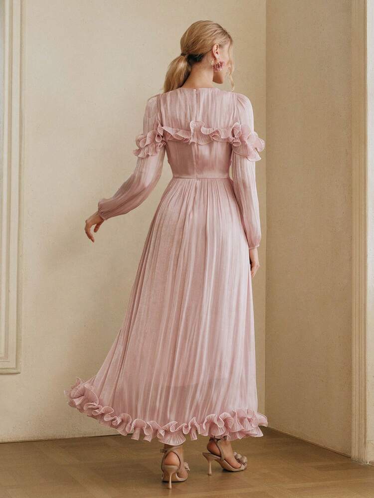 Long Elegant Ruffled Hem Romantic Long Sleeve Dress, New Spring/Summer Collection