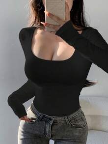 DAZY 女士方领长袖加垫修身套头T恤 - 黑色 - 查看 6