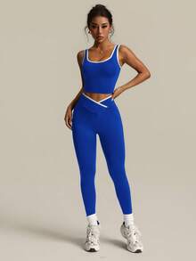 Easithlete Easithlete Conjunto deportivo de mujer con colores contrastantes para yoga - azul real - Ver 4