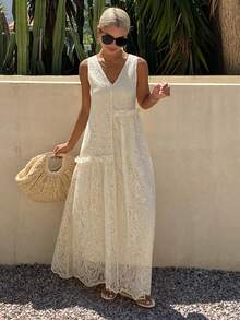 DAZY Vestido de línea A sin mangas de tela texturizada hueca de unicolor, vestido casual de verano con volantes para vacaciones, vestidos de sol para mujeres - Albaricoque - Ver 4