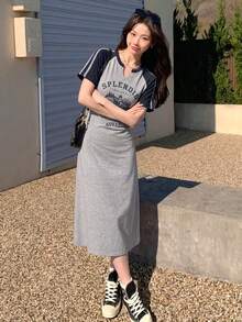 DAZY 女士Y2K休闲时尚街头日常通勤字母印花撞色条纹侧边收腰短袖连衣裙 - 灰色 - 查看 2