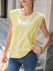 Mulvari Women's Pale Yellow Lace Patchwork Cap Sleeve Round Neck T-Shirt,Summer Elegant Everyday Loose Flattering Fashionable Versatile Top - Yellow - View 8