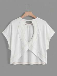 SHEIN Essnce Women's Casual Round Neck Backless Asymmetrical Hem Loose Sleeveless T-Shirt, 100% Cotton, Suitable For Summer - White - View 5