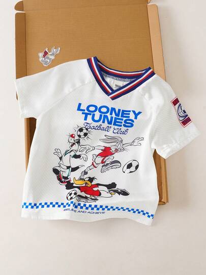 LOONEY TUNES X SHEIN Áo thun ngắn tay in chữ hoạt hình dành cho bé trai
