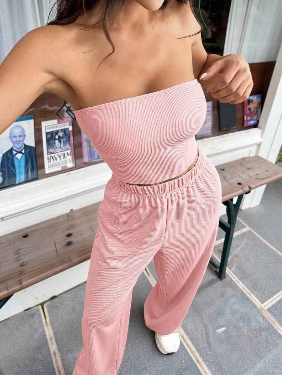 SHEIN EZwear Conjunto de top tubo y pantalones color rosa claro para mujer - Rosa Pálido - Ver 1