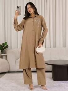 Al Najma Women's Casual Daily Rhinestone Decor Floral Embroidery Button Front Shirt And Pants Set - Khaki - View 6