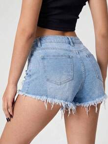Blue Shorts With Hem And Decorative Keychain - Blue - View 3