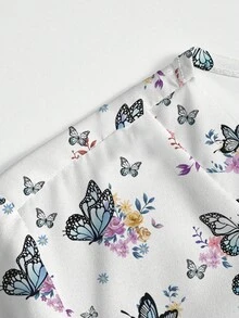 PopScrub Bộ đồ 2 món nữ gồm áo cổ chữ V tay ngắn màu trắng in hình bướm và hoa, có túi và thiết kế tai thỏ, xẻ tà, và quần ống đứng, thích hợp làm đồng phục y tá mùa xuân/hè, trang phục thường ngày, bộ đồng phục. - Nhiều màu - Xem 4