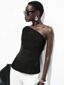 SHEIN Luminelle Women's Black One Shoulder Mesh Woven Patchwork Tank Top, Ruched Sheer Overlay Fitted Camisole, Elegant Summer Top For Date Night, Party, Cocktail, Street Style And Daily Wear Asymmetrical Tops For Women Modern Tops For Women Form Fitting Top One Shoulder Top Ruched Top Black One Shoulder Top Asymmetrical One Shoulder Top Asymetrical Tops For Women - Black - View 5