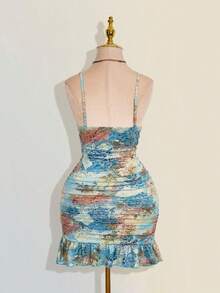 SHEIN ICON 女士优雅印花荷叶边吊带迷你连衣裙，夏季 - 彩色 - 查看 2