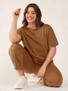 SHEIN BASICS 夏季休闲纯色T恤和长裤套装 - 鏽棕色 - 查看 5