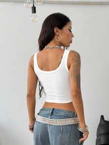 Coolane 两件套黑白休闲简约运动街头风百搭套装，适合派对、机场、音乐节、夏季穿着 - 罗纹性感女式背心 - 白色 - 查看 3