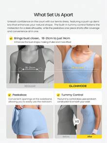 GLOWMODE Váy ngắn xếp ly FeatherFit™-Air Double Time mềm mại như bơ, co giãn, thấm hút mồ hôi, có quần short bên trong, túi hai bên, đế chống trượt và định hình vòng ba, kiểu áo liền thân hở lưng, thích hợp cho tennis, golf, pickleball, và các hoạt động thường ngày. - Xanh da trời - Xem 3