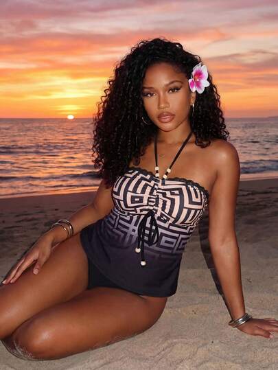 Slaydiva 女士两件套吊带比基尼泳衣套装，休闲时尚渐变几何印花吊带比基尼上衣，带抽绳，蕾丝荷叶边露背系带泳装，适合游泳、度假、海滩。