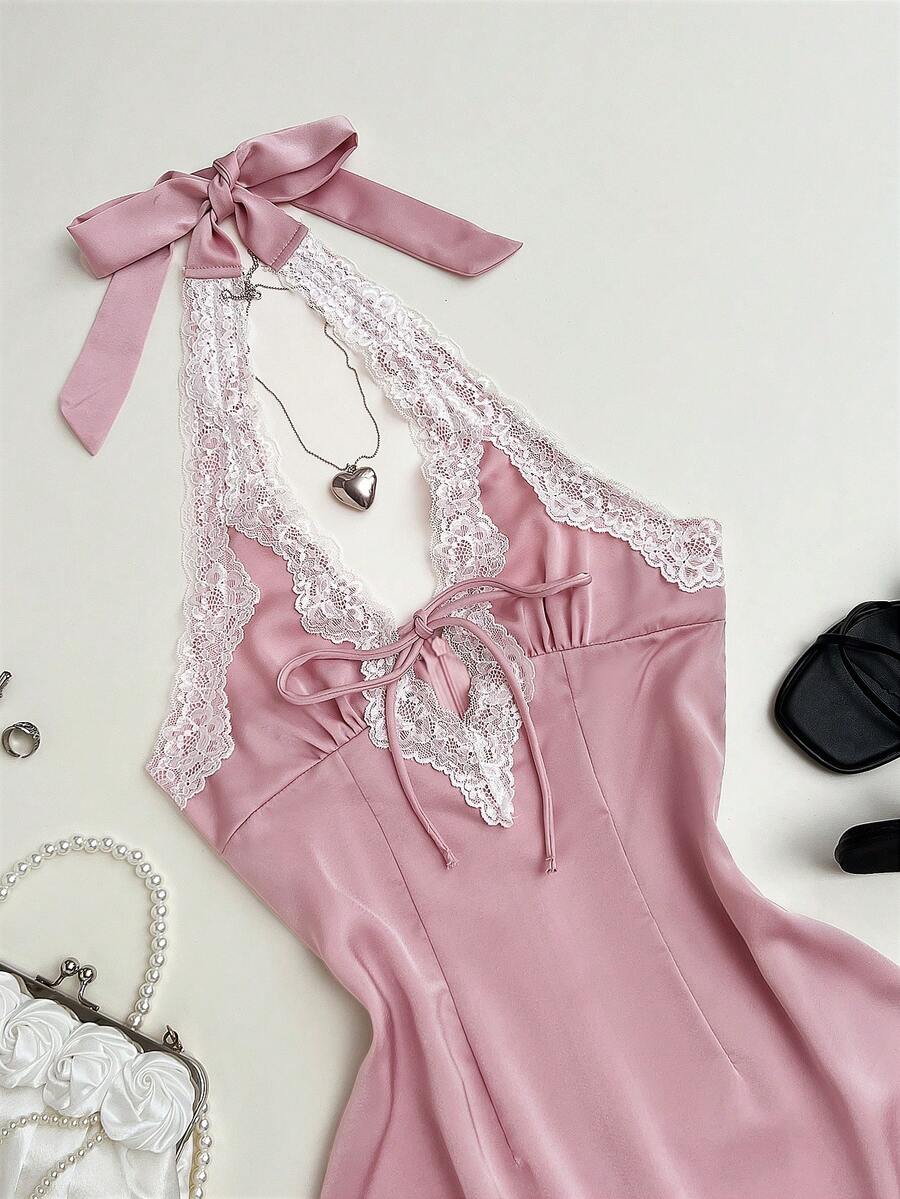 SHEIN PETITE 春夏粉色时尚休闲通勤女式深V吊带露背修身A字迷你连衣裙,适合休闲派对、约会、娇小身材 - 粉色 - 查看 1