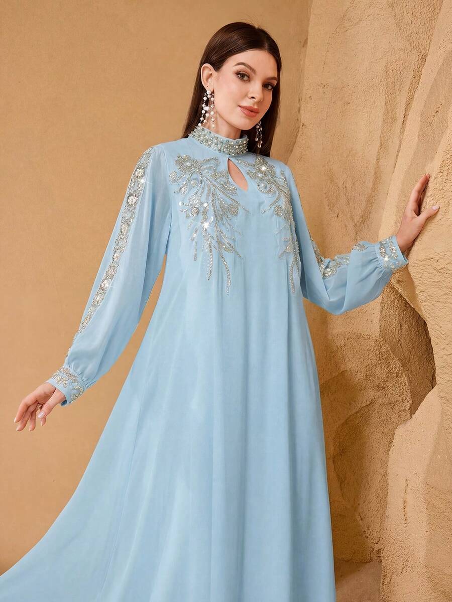 SHEIN Najma 优雅花卉蕾丝边饰串珠装饰女式连衣裙 - 淺藍色 - 查看 1