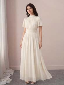 SHEIN Pitira Kids Teen Girls Elegant Ruched High Waist A-Line Flare Sleeve Dress, Suitable For Party, Daily, Beach, Vacation Modest White Dress White Maxi Dress White Dress For Women Bridesmaid Dress Squishy Girly Era Elegant Outfit - Apricot - View 1