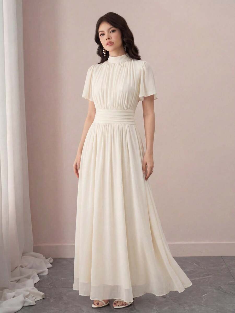 SHEIN Pitira Kids Teen Girls Elegant Ruched High Waist A-Line Flare Sleeve Dress, Suitable For Party, Daily, Beach, Vacation Modest White Dress White Maxi Dress White Dress For Women Bridesmaid Dress Squishy Girly Era Elegant Outfit - Apricot - View 1