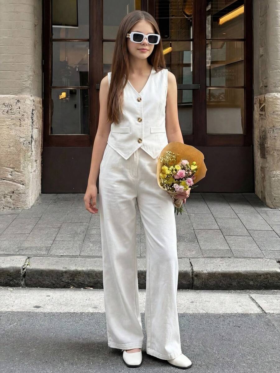 SHEIN 女童休闲牛仔背心裤套装，基础款V领无袖上衣搭配宽松直筒牛仔裤，适合春、夏、秋季海滩、度假、休闲聚会和节日穿着。 - 白色 - 查看 1