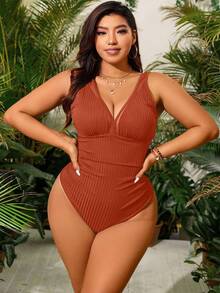 Swim Vcay Plus Size Solid Color Deep V-Neck Mesh Patchwork Ruffle One-Piece Swimsuit Beach Orange Summer Sexy - Maroon - View 4