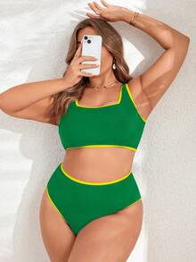 Swim Lushoire Plus Size Summer Vacation Beach Ribbed Bikini Set - Green - View 5