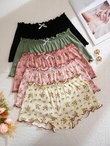 PetitDoll Paquete de 5 bragas tipo short de algodón cómodo con estampado floral y ribete de volantes - Multicolor - Ver 4