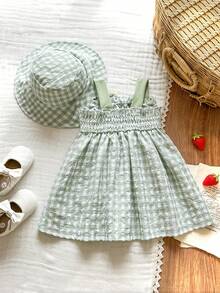 SHEIN Vintaside Kids 2件套女婴/幼儿柠檬印花吊带连体衣连衣裙，含帽子，休闲舒适，可爱百搭，适合日常穿着、度假和玩耍 - 彩色 - 查看 2