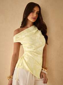 Silquee Women's Light Yellow Summer Elegant Romantic Asymmetrical Top,Ruffled Shoulders Drawstring Hem Ruched Design For Party Birthday,Beach Vacation Wedding - Pale Yellow - View 7