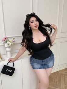 Vibekara 二合一蕾丝波点性感吊带背心，深V领修身吊带上衣 - 黑色 - 查看 3