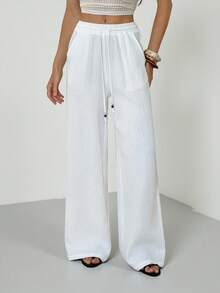 SHEIN Tall Women's Summer Country Concert Going Out Beach Outfits Boho Basic Minimalist Washed 100%Cotton White Pants Curved Hem Pants - White - View 7