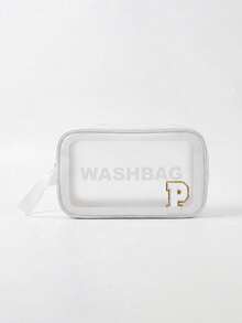 1PC Transparent Letter Toiletry Bag,Fashionable New Square Solid Color Makeup Bag With Embroidery Letters Summer Travel, Vacation Home Bathroom Decor Holiday Makeup Organizer Bathroom - White - View 20