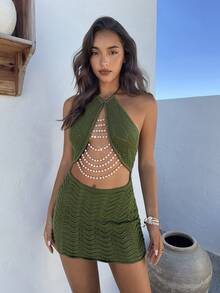 Aloruh Women's White Hand-Crocheted Fitted Dress,Elegant Sexy Autumn Bohemian Hollow-Out Knitted Handmade Beaded Vacation Holiday Music Festival Beach - Green - View 8