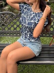 Serisse Áo sơ mi nữ tay ngắn in họa tiết cây nhiệt đới, kiểu dáng thường ngày. - Xanh và trắng - Xem 8