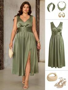 大码女士纯色缎面褶皱复古腰部打褶可调节宽肩带无袖A字开衩长裙，优雅法式复古简约风格，适合办公室、通勤、商务、休闲、海滩、派对、春夏等场合。女士奢华连衣裙，正式礼服，缎面鼠尾草绿连衣裙，优雅经典鼠尾草绿伴娘礼服。 - 綠色 - 查看 1