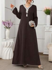 Al Najma Đầm maxi dài tay rộng rãi, thanh lịch, thêu họa tiết truyền thống Thổ Nhĩ Kỳ và Ả Rập dành cho phụ nữ. - Cà phê nâu - Xem 4