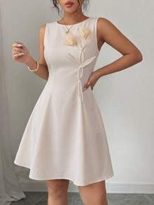 Modelyn Women's Elegant Sophisticated Socialite Gentle Floral Sleeveless Waist Cinched A-Line Dress - Apricot - View 5