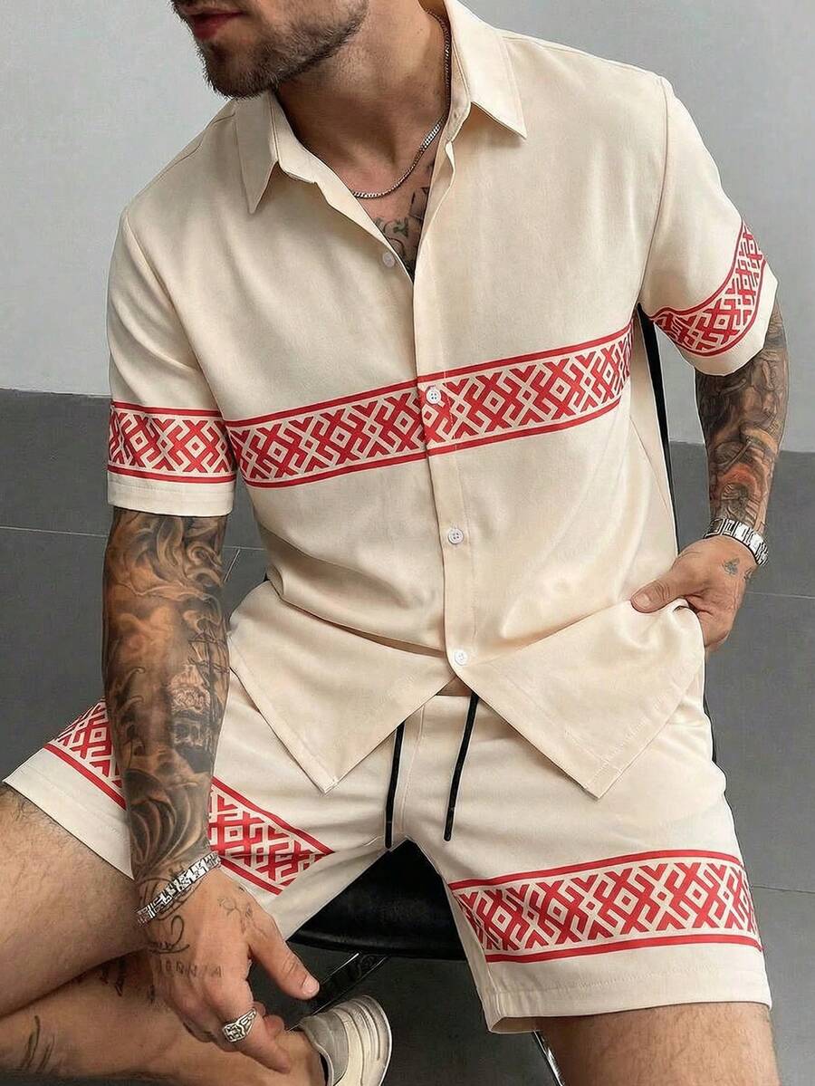 Manfinity Homme Herren Geometrisches Muster Knopfleiste Kurzarm Hemd und Shorts Freizeitanzug - Khaki - Übersicht 1