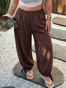 Modelyn Plus Size Women's Elegant Casual Cinched Waist Loose Harem Pants, Solid Color, Spring/Summer - Brown - View 1